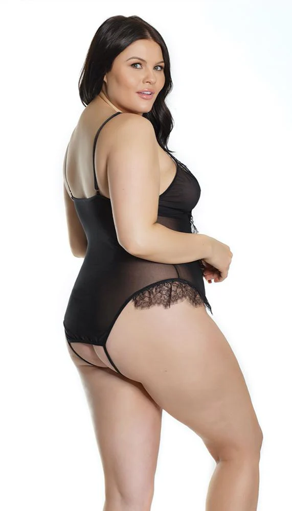 Black Lace & Mesh Crotchless Teddy - Image 4