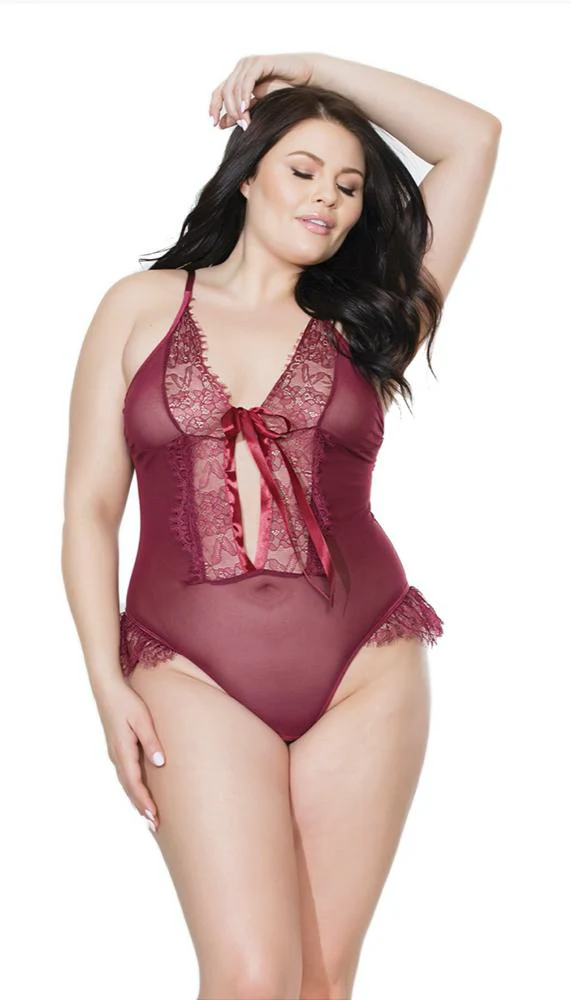 Merlot Fine Lace & Mesh Crotchless Teddy - Image 3